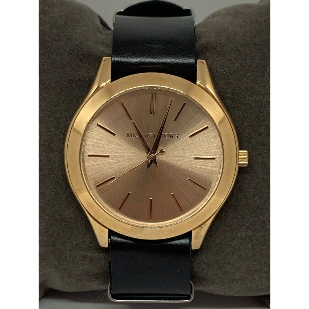Michael Kors MK3197 Unisex Black Leather Analog Rose Dial Quartz Watch W217